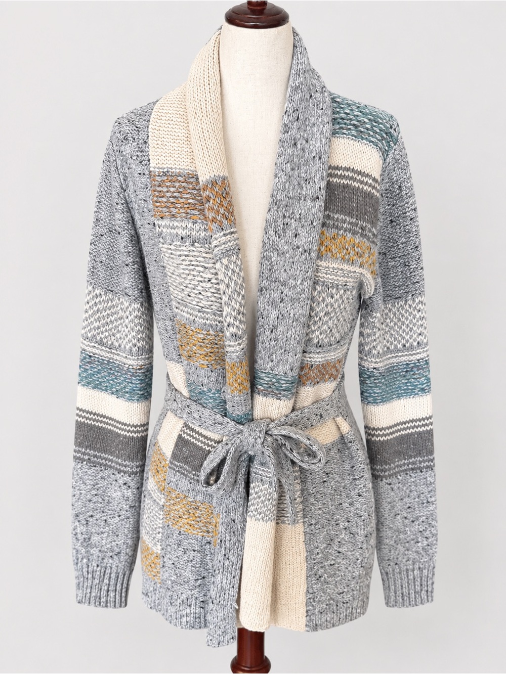 American Rag Cie Patchwork Knit Cardigan Sweater M Gray Cream Teal Mustard